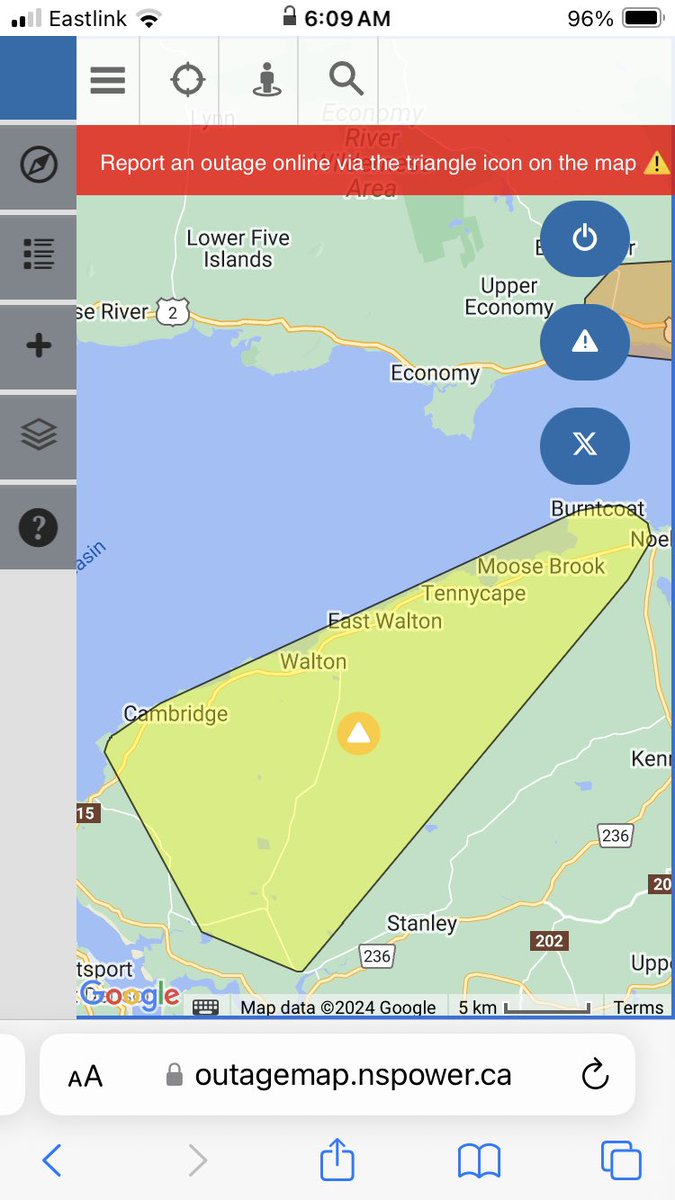 ReprtrPatHealey's tweet image. More than 800 customers in the Noel/Walton area without power as per Nsp outage map at 6:10 am. #nsstorm #EastHants