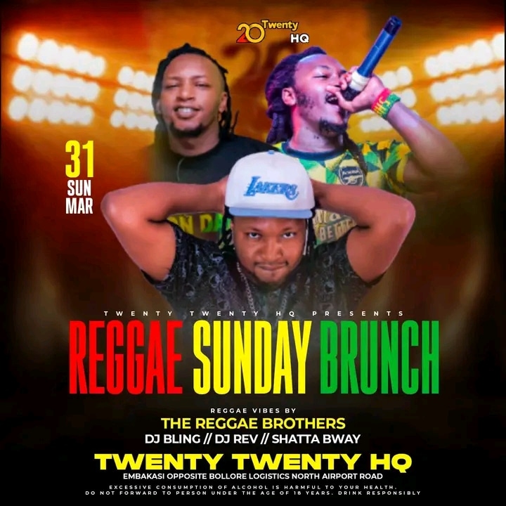 NEXT SUNDAY 31st MARCH #EasterReggae inside #20TwentyHQ with the #ReggaeBrothers lots of Mbuzi Choma,Kuku Choma & Drinks #Arsenal VS #ManCity Premier league Itakua Noma sana Welcome. JAH BLESS.