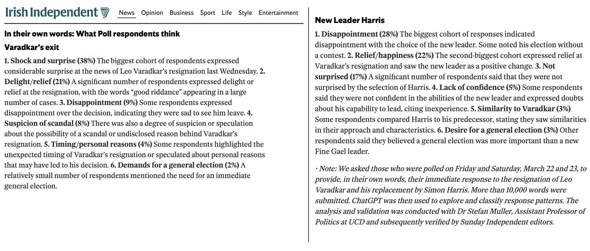 How did voters respond to Leo Varadkar’s resignation and the emergence of Simon Harris as the new Taoiseach? In today’s Sunday Independent, @kevcunningham and I classify open-ended responses using manual annotation and AI. 📰 independent.ie/irish-news/pol… @Independent_ie 1/4