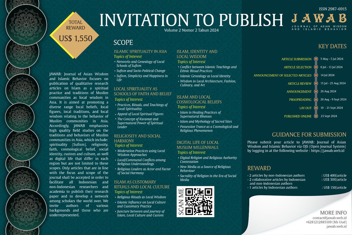 Sudah terbit edisi terbaru JAWAB (Journal of Asian Wisdom and Islamic Behavior) Vol. 2 No. 1/2024.

Bersama ini kami mengundang Bapak/Ibu submit artikel ke Jurnal JAWAB sebagaimana dalam flayer terlampir.

Ada Reward Total US$ 1,550  bagi artikel terpilih yang dipublish.