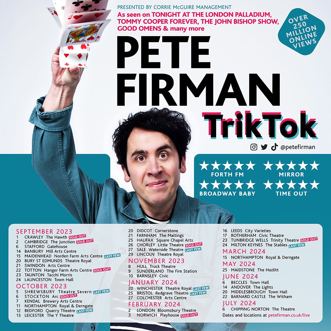 In case you missed it, I’ve added some May, June and July dates to my tour. Heading to… MAIDSTONE BECCLES ANDOVER MIDDLESBROUGH BARNARD CASTLE CHIPPING NORTON All on sale now! 🎟️ petefirman.co.uk/live