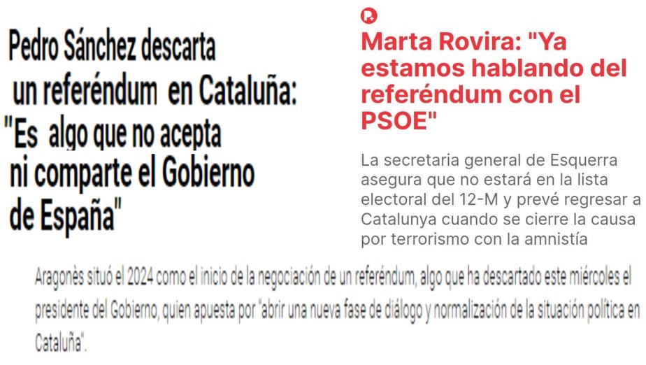 Pedro dice que no habrá referéndum de independencia en Cataluña. Marta Rovira y Aragonés, que sí. ¿A quién creéis?