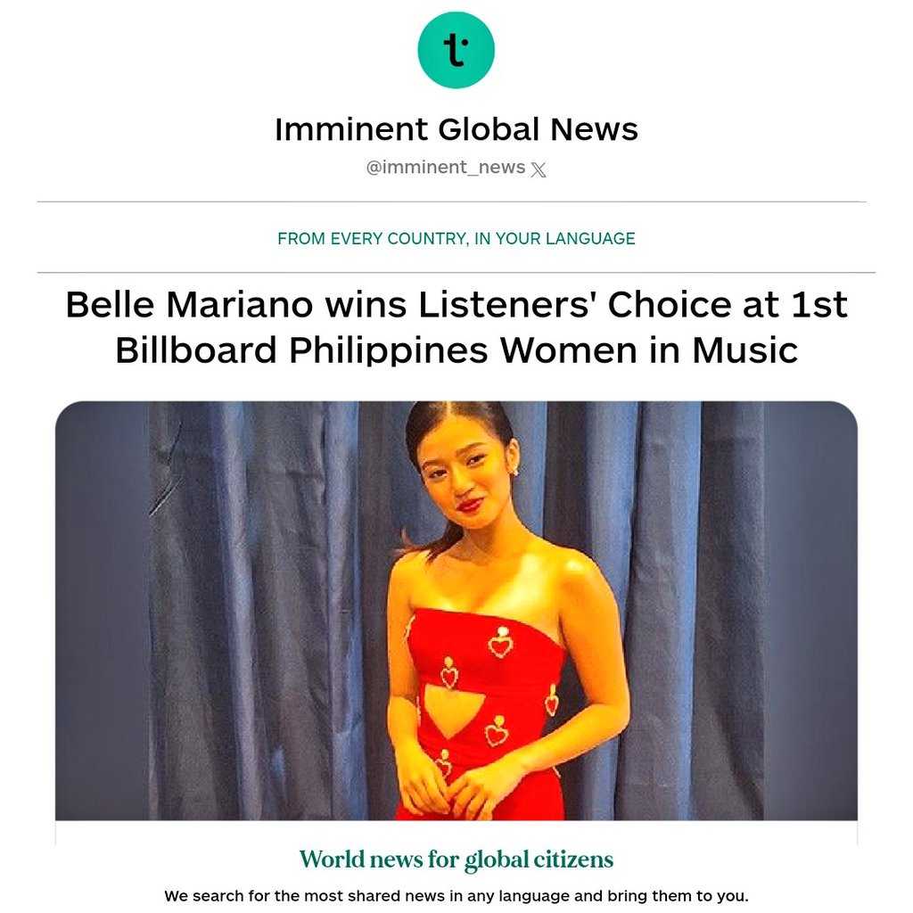 LOOK: Belle Mariano in Imminent GLOBAL NEWS ~ World news for global citizens
Philippines Young superstar Belle, wins Listeners' Choice Award at the 1st Billboard Philippines Women in Music

BELLEboard ListenersChoice
<a href="/bellemariano02/">Belle</a> #BelleMariano 
#BBPHWomenInMusic <a href="/BBPHOfficial/">Billboard Philippines</a>