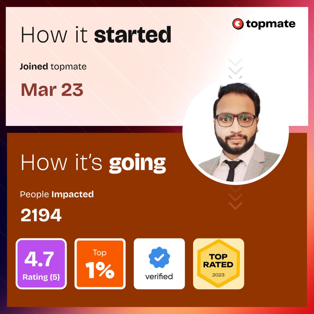 Taking a moment today to celebrate my Topmate journey 🚀 It's been an incredible ride filled with growth &amp; learning. Here's to embracing every milestone, big or small, and to make a positive impact in people's lives. 🌱 I'm at topmate.click/2z7cr