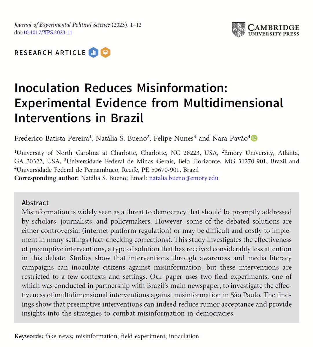 New study alert! Inoculation reduces misinformation: experimental evidence from a field study with the largest newspaper in Brazil! Very impressive and great to see more evidence from the global south! h/t @STWorg @JEPS_ed cambridge.org/core/journals/…