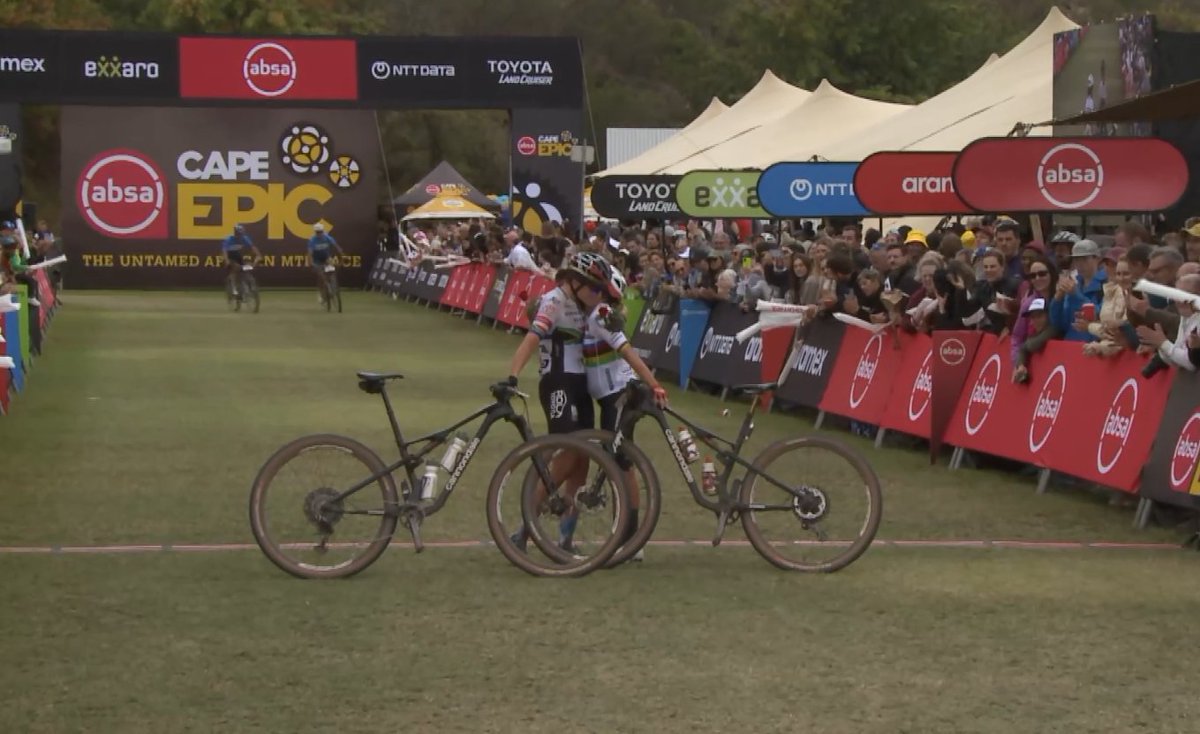 A nice moment between Candice Lill and Mona Mitterwallner, second overall in the Aramex Women's Category at the 2024 Absa Cape Epic. 
#AbsaCapeEpic #Untamed #Epic2024