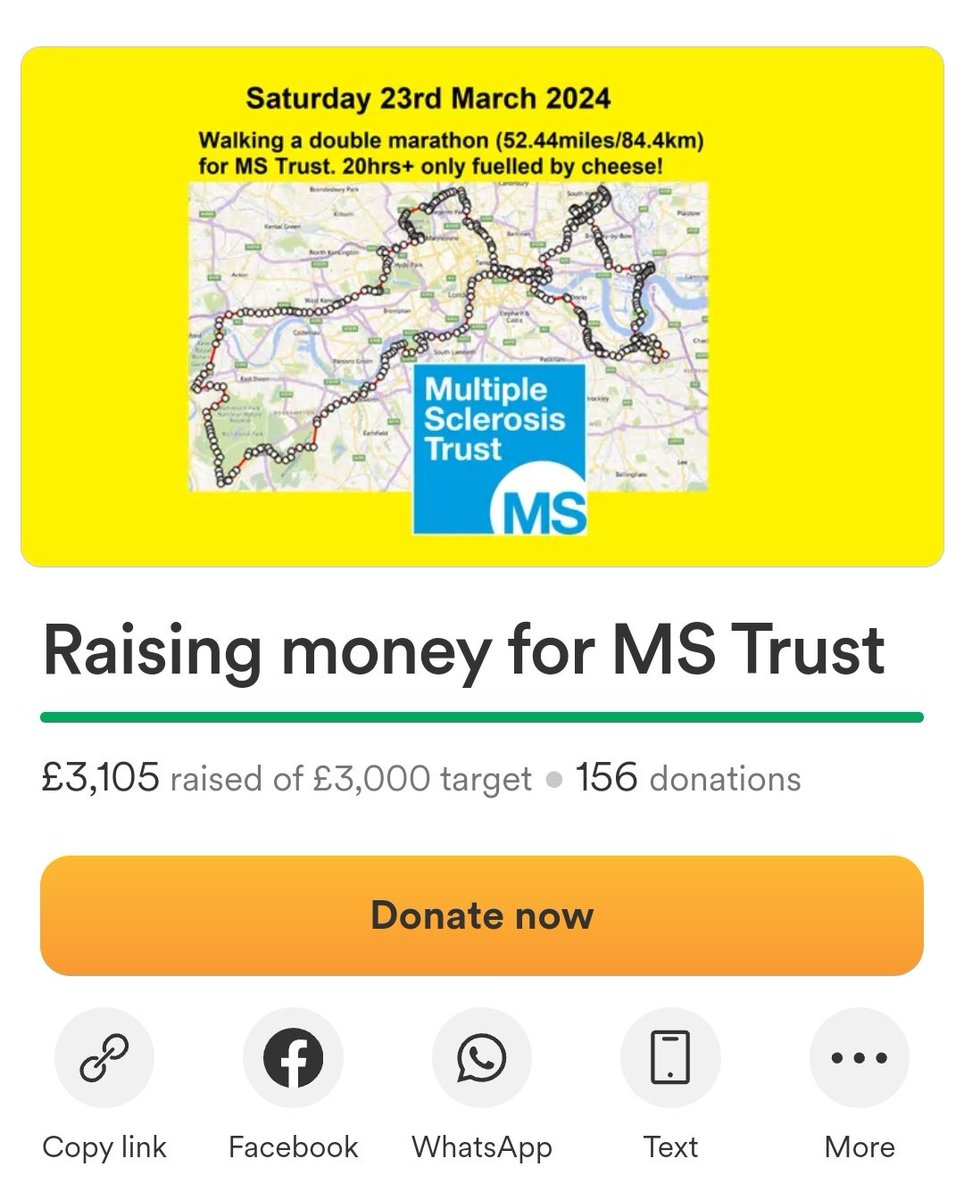 156 people parted with their hard earned cash, helping raise £3105 for @MSTrust and hundreds more send messages and videos of support Walking a double marathon was the hardest thing I've ever done and I genuinely don't think I'd have finished it without your support! THANK YOU!