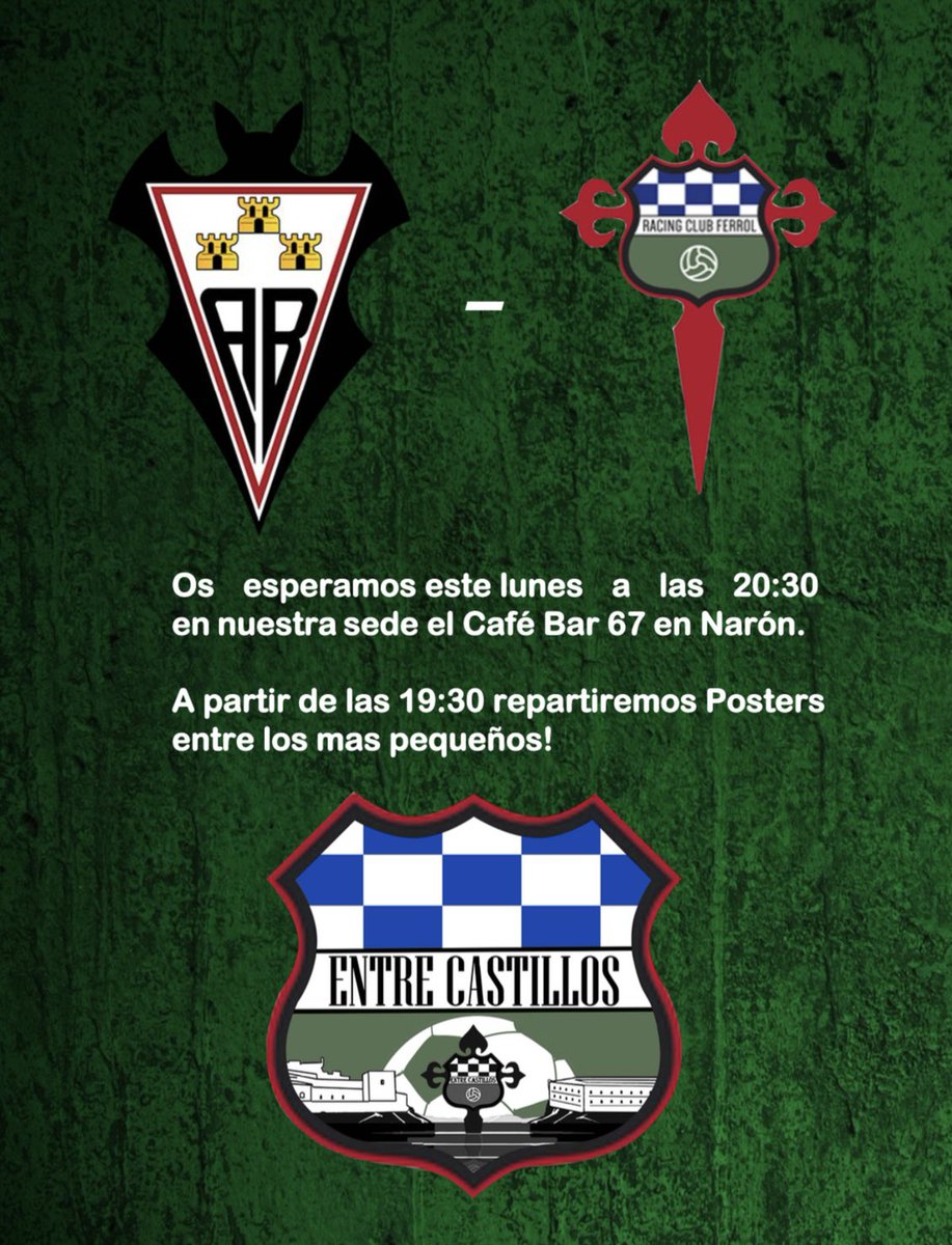 Pentrecastillos's tweet photo. Acompáñanos mañana para ver el partido donde a partir de las 19:30 estaremos repartiendo posters a los más pequeños y no tan pequeños que quieran uno hasta fin de existencias! Os esperamos! Aúpa Racing 💚 Café Bar 67 A Gandara (Narón) https://t.co/g3QFL2ar2M