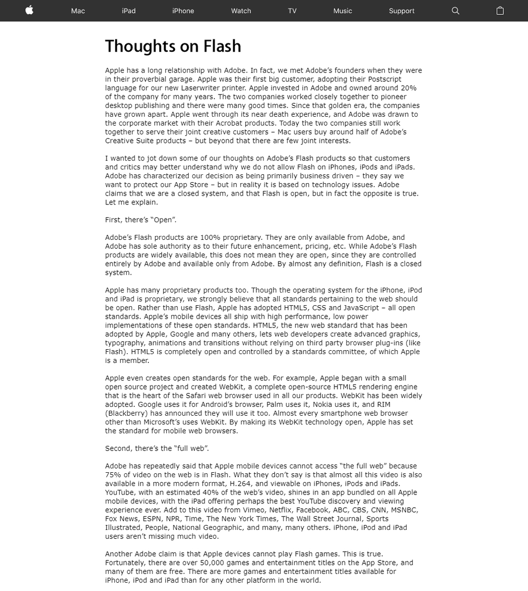 On 29 April, 2010, Steve Jobs penned a controversial open letter titled “Thoughts on Flash” while he was CEO of Apple, criticizing Adobe Flash and outlining why it would not be permitted on Apple’s iOS hardware. 

webdesignmuseum.org/web-design-his…

#WebDesignHistory