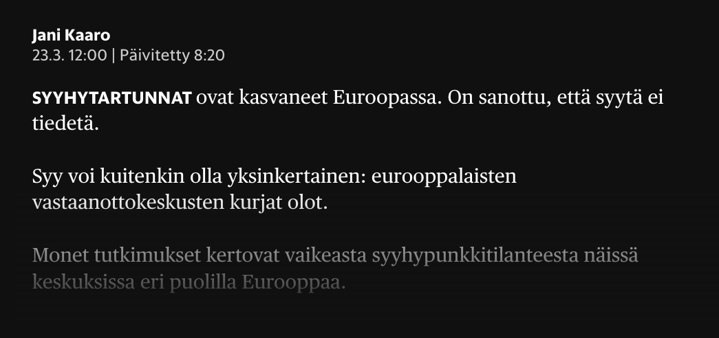 pesukarrhu's tweet photo. Kukapa olisi uskonut, että tulijat lisäävät kulkutauteja.
Nyt jopa Hesari epäilee sitä.
Joo, tulee tauteja, syyhyä, mutta loppupeleissä toki sekin on suomalaisen VHM:n syytä.
#syyhy #hybridivaikuttaminen #pakolaiset #maahanmuutto #kulkutaudit #turvapaikanhakijat #ihmisoikeudet https://t.co/JOMisFgfEi