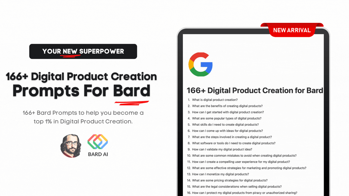 Google Bard is a FREE digital product designer. Most people overlook this. So I pre-made 166+ prompts to have Bard build your products. And for the next 24 hrs, It's FREE of charge! To get it, simply: • Like • Retweet • Reply 'FREE' • Follow me (so I can DM you)