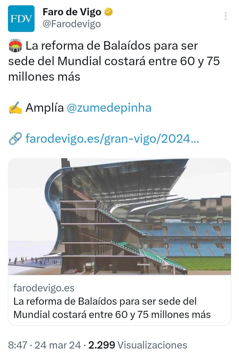 2014🗓️La reforma del estadio de Balaídos costará unos 20 o 22 millones de euros y estará terminada en 2017. 🤔La realidad: 7 años de retraso y falta por reformar 1 grada entera y costará el TRIPLE💰 🤔Lo del Mundial... lo veo un disparate, serían más de 130 millones. ¿Vosotros?