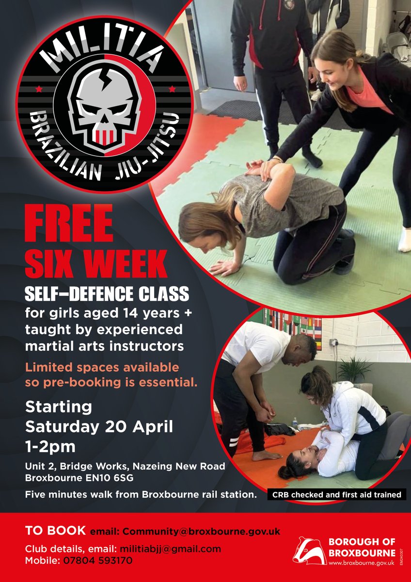 FREE six week self-defence class for girls aged 14 years with Militia Brazilian Jiu Jitsu 🥋

Limited spaces so pre-booking is essential.

🗓️ Starting Saturday 20 April
⏰ 1pm to 2pm
📍 Unit 2, Bridge Works, Nazeing New Road, Broxbourne, EN10 6SG
