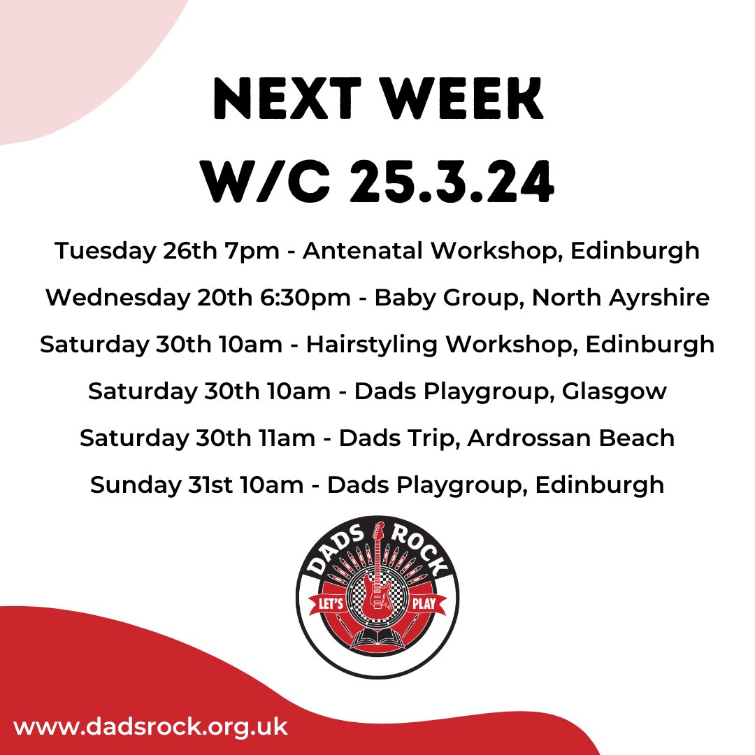 We've got lots going on at Dads Rock next week! Join us for an Edinburgh antenatal workshop, hairstyling workshop, our North Ayrshire Dads trip and of course our playgroups! Sign up for our events here 👉lght.ly/o0ja96l