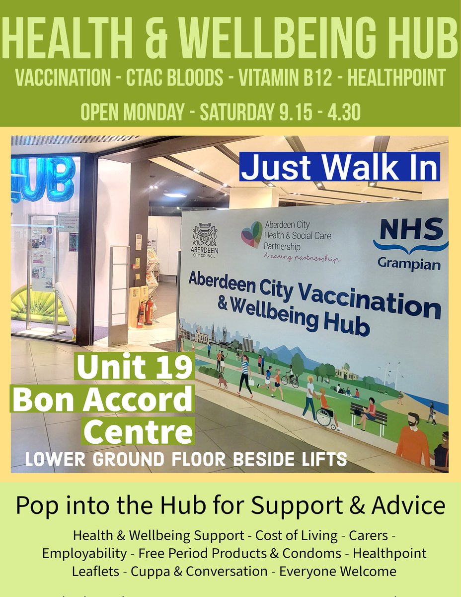 Do you know everything on offer at the Aberdeen City Vaccination and Wellbeing Hub. Come along and speak to our Healthcare Support Workers and Voluntary Organisations in our Community Cafe who can offer advice, support and signposting. @HSCAberdeen @NHSGrampian @AFCCT @shmuORG