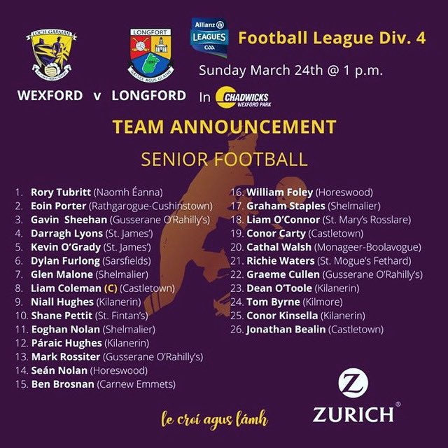 Best of luck to Mr Porter & team manager Mr Hegarty & the rest of the Wexford senior football team as they take on Longford in the NFL today in the Park. Fingers crossed for the right results elsewhere & a promotion to division three is secured! 🟣🟡