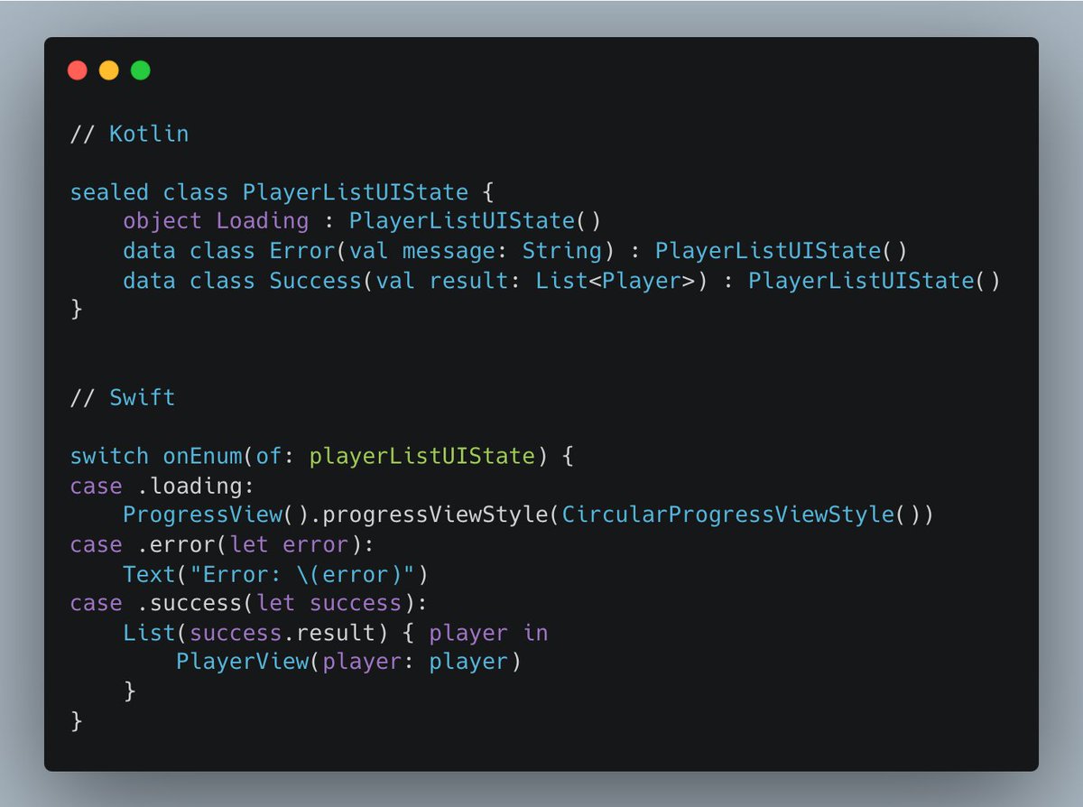 Example of SKIE's automatic Kotlin/Swift sealed class mapping (skie.touchlab.co/features/sealed).  From github.com/joreilly/Fanta….