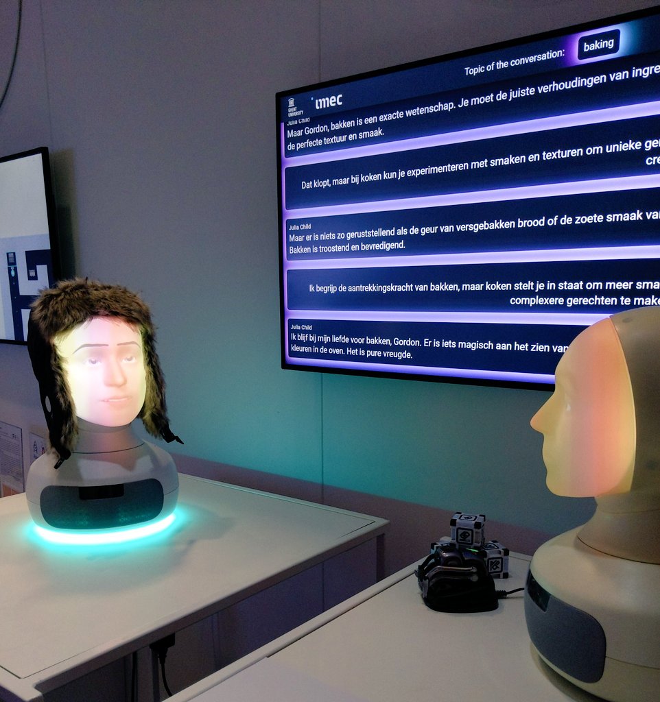 People at @FTI_vlaanderen festival in #Antwerpen are loving our two #LLM powered #furhat robots talking to each other: choose the topic and enjoy the debate! @furhatrobotics @ugent #GPT #AI @TonyBelpaeme