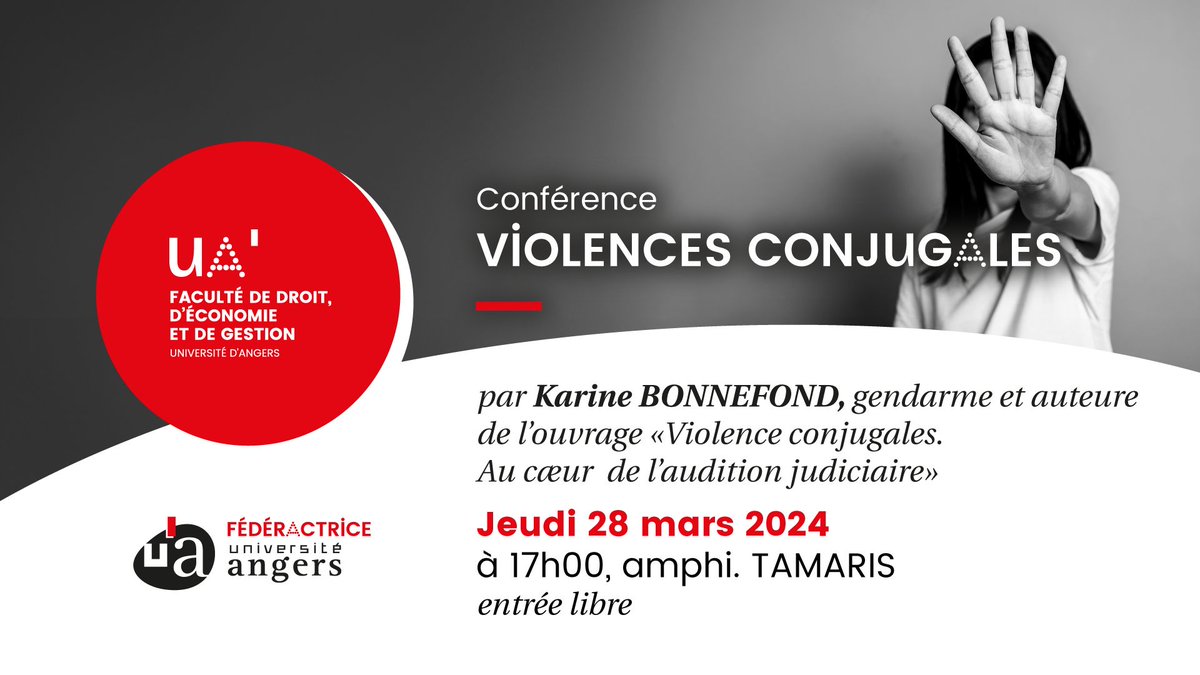 Caroline Duparc (@duparc_caroline) on Twitter photo 🔴28 mars, 17h, A. Tamaris : Karine BONNEFOND, commandante de la Maison de protection des familles du Rhône et diplômée du DU Sciences Criminelles <a href="/UnivAngers/">Université d'Angers</a>, viendra présenter son ouvrage "Violences conjugales. Au cœur de l'audition judiciaire".
<a href="/Fac_DEG_Angers/">Faculté de Droit, d’Économie et de Gestion</a> <a href="/lionelascensi/">Lionel Ascensi</a> 🔴28 mars, 17h, A. Tamaris : Karine BONNEFOND, commandante de la Maison de protection des familles du Rhône et diplômée du DU Sciences Criminelles <a href="/UnivAngers/">Université d'Angers</a>, viendra présenter son ouvrage "Violences conjugales. Au cœur de l'audition judiciaire".
<a href="/Fac_DEG_Angers/">Faculté de Droit, d’Économie et de Gestion</a> <a href="/lionelascensi/">Lionel Ascensi</a>