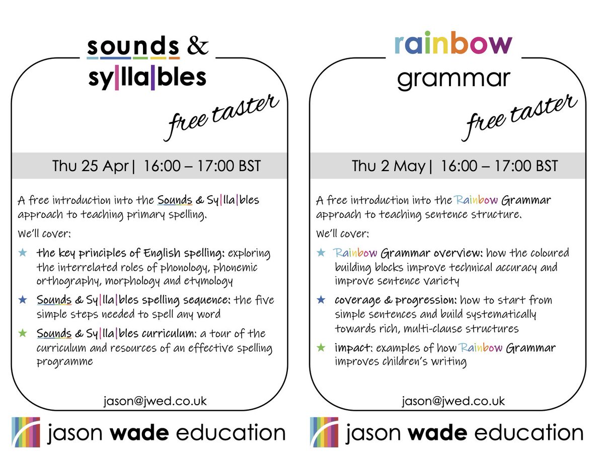 FREE online Sounds &amp; Syllables (25 Apr) &amp; Rainbow Grammar (2 May) tasters.  

It's been an age since I've found the time to run these.  

Details in the flyer. 👇  

Use the link to book a spot:  jwed.co.uk/course/ 

I'd love to see you there.

🙂