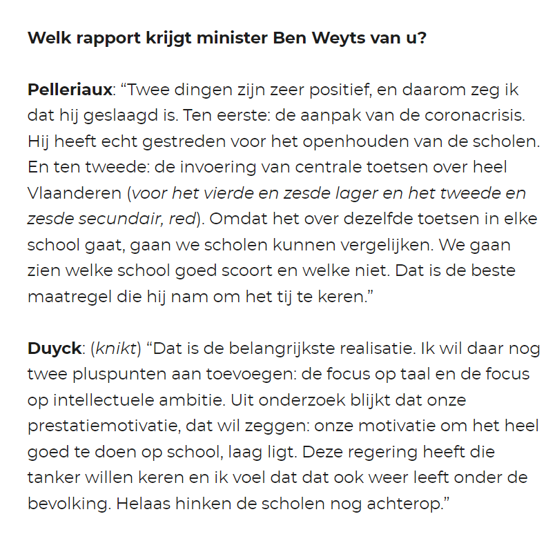 Lovende woorden van onderwijsexperten @Koen_Pelleriaux (@GO_onderwijs) en <a href="/wduyck/">Wouter Duyck</a> (<a href="/ugent/">UGent</a>) voor Vlaams Onderwijsminister <a href="/BenWeyts/">Ben Weyts</a> vandaag in <a href="/DeZondag/">De Zondag</a>. 👏

dezondag.be/actua/politiek…