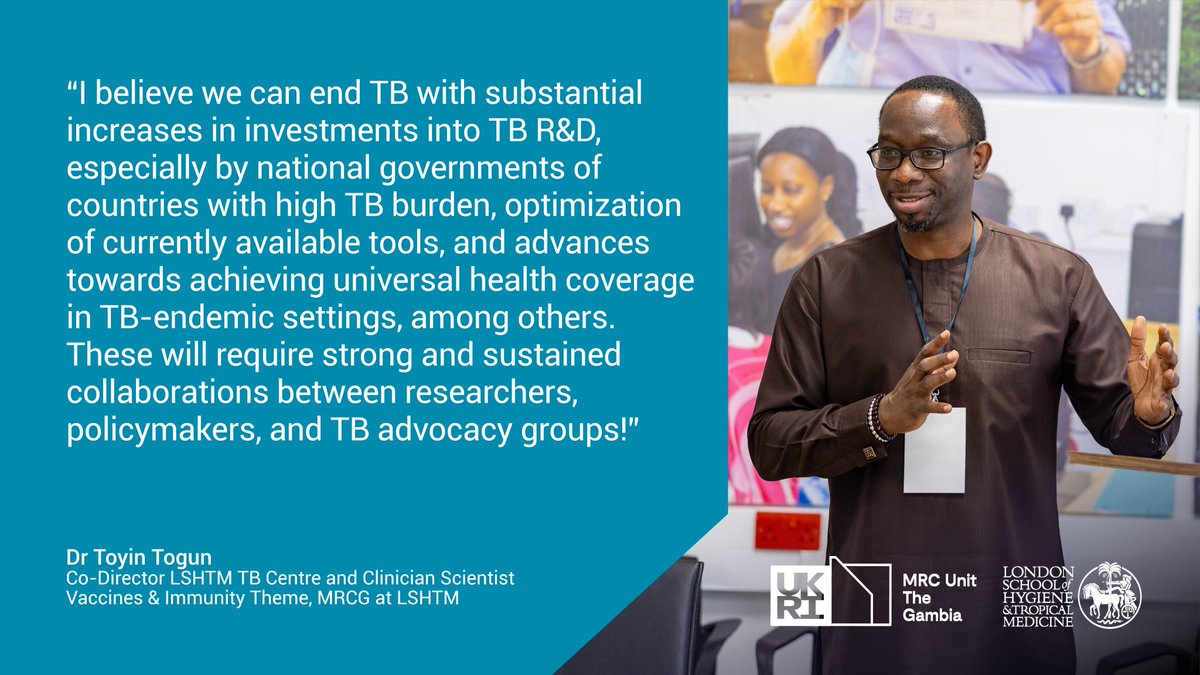 MRC Unit The Gambia at LSHTM (@mrcunitgambia) on Twitter photo 🌎"Yes! we can End TB"🌎
On #WorldTBDay2024 Clinician Scientist under our Vaccines & Immunity Theme & Co-Director of <a href="/LSHTM_TB/">LSHTM TB Centre</a> <a href="/TogunToyin/">Toyin Togun, PhD FFPH</a>, stress the need for increased investments in TB Research & Devt, optimisation of existing tools, & collaboration across sectors to #EndTB. 🌎"Yes! we can End TB"🌎
On #WorldTBDay2024 Clinician Scientist under our Vaccines & Immunity Theme & Co-Director of <a href="/LSHTM_TB/">LSHTM TB Centre</a> <a href="/TogunToyin/">Toyin Togun, PhD FFPH</a>, stress the need for increased investments in TB Research & Devt, optimisation of existing tools, & collaboration across sectors to #EndTB.