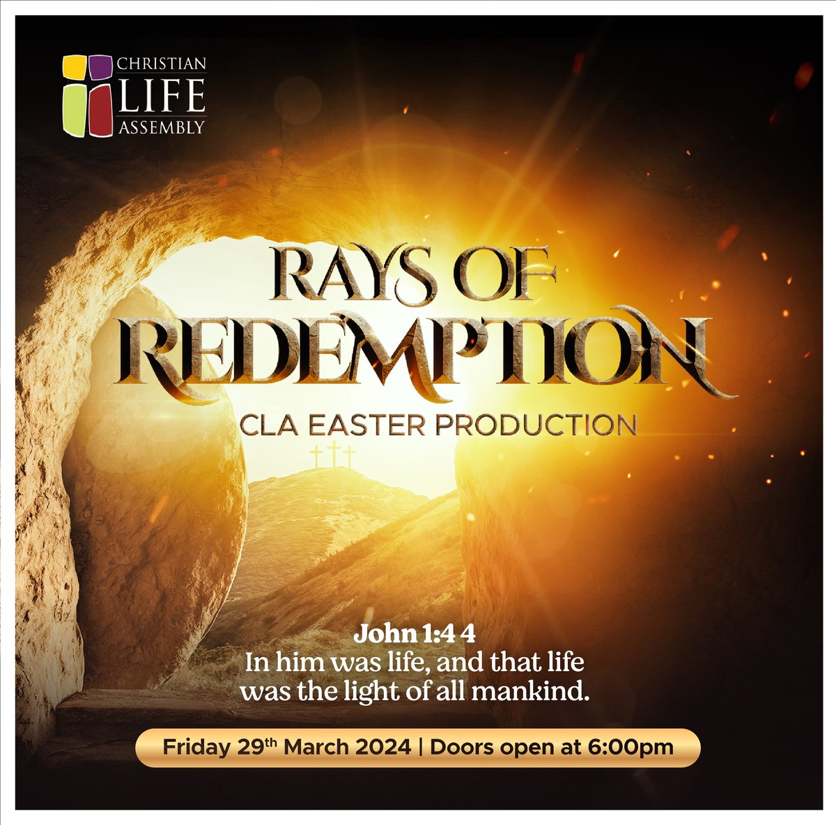 Remember, it's ONE SHOW only - don't miss out! #Easter2024 #raysofredemption #clarwanda #goodfriday🙏