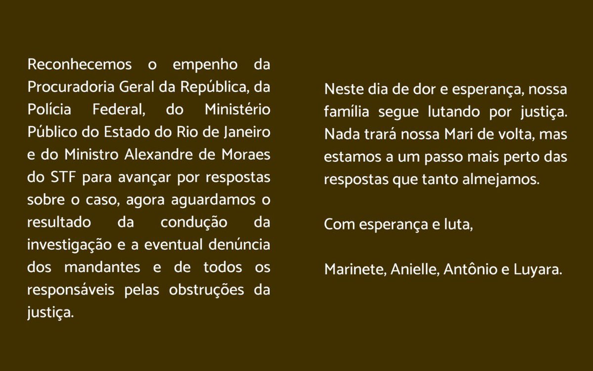 Neste dia de dor e esperança, nossa família segue lutando por justiça. 

Nada trará nossa Mari de volta, mas estamos a um passo mais perto das respostas que tanto almejamos!