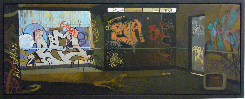 ‘Subway, Stratford’, 2009, oil on board, 23 x 60cm #Londonart #londonpainting #fineartist #fineartpainting