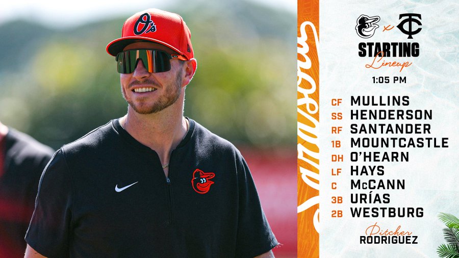 Orioles at Twins | O’s Starting Lineup | 1:05 p.m.

CF - Mullins
SS - Henderson
RF - Santander
1B - Mountcastle
DH - O’Hearn
LF - Hays
C - McCann
3B - Urías
2B - Westburg
P - Rodriguez

The graphic features an image of O'Hearn smiling. He is wearing sunglasses and an orange Orioles cap.