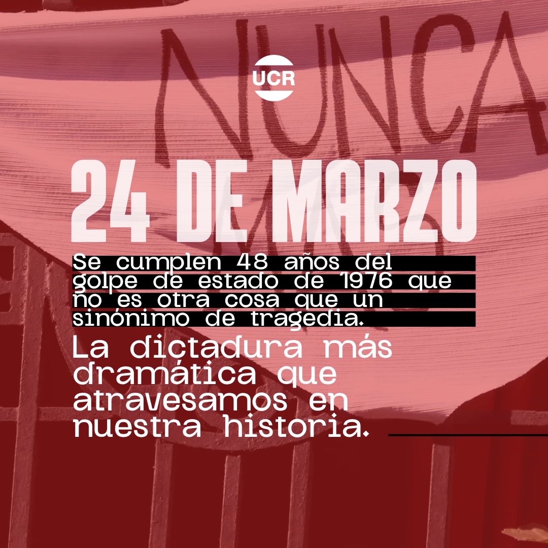 Se cumplen 48 años del Golpe de Estado de 1976 que no es otra cosa que un sinónimo de tragedia. 

La dictadura más dramática que atravesamos en nuestra historia, a la que con Raúl Alfonsín le dijimos #NuncaMás.