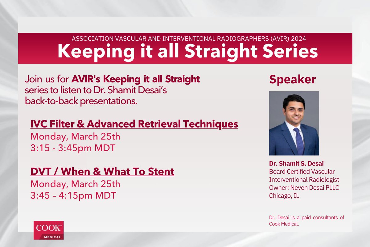 Cook Vascular (@cookvascular) on Twitter photo Don't miss out! Tomorrow, join us for AVIR's "Keeping it all Straight" series and learn more about the venous field from the expertise of Dr. <a href="/shamitsdesai/">Shamit Desai MD</a>!
#AVIR2024 #FindCookRed 
<a href="/AVIRnews/">AVIR</a> Don't miss out! Tomorrow, join us for AVIR's "Keeping it all Straight" series and learn more about the venous field from the expertise of Dr. <a href="/shamitsdesai/">Shamit Desai MD</a>!
#AVIR2024 #FindCookRed 
<a href="/AVIRnews/">AVIR</a>