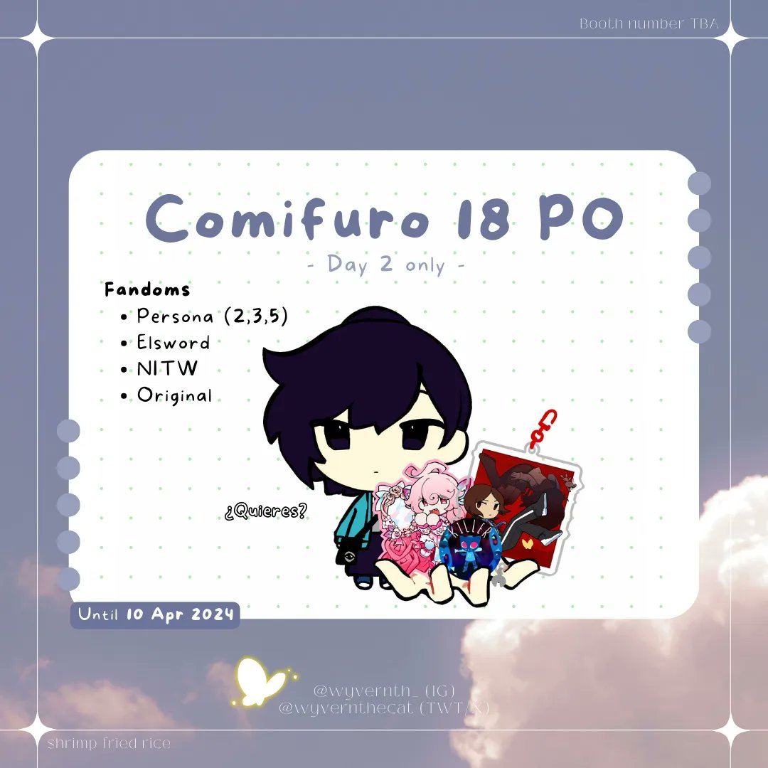 wyvernthecat's tweet photo. [✨️ RTs are appreciated! ✨️]

Opening PO for #cf18 ! 

📅 Ends on 10 Apr 2024 (23.59 WIB)
✏️ Day 2, pickup only!
🦋 Fandoms: Persona (2,3,5), Elsword, NITW, Original

🔗 https://t.co/M9NCW4o3ki (gfroms)

#comifuro18 #comifuro18catalogue #cf18catalogue https://t.co/6sQLioQ8E2