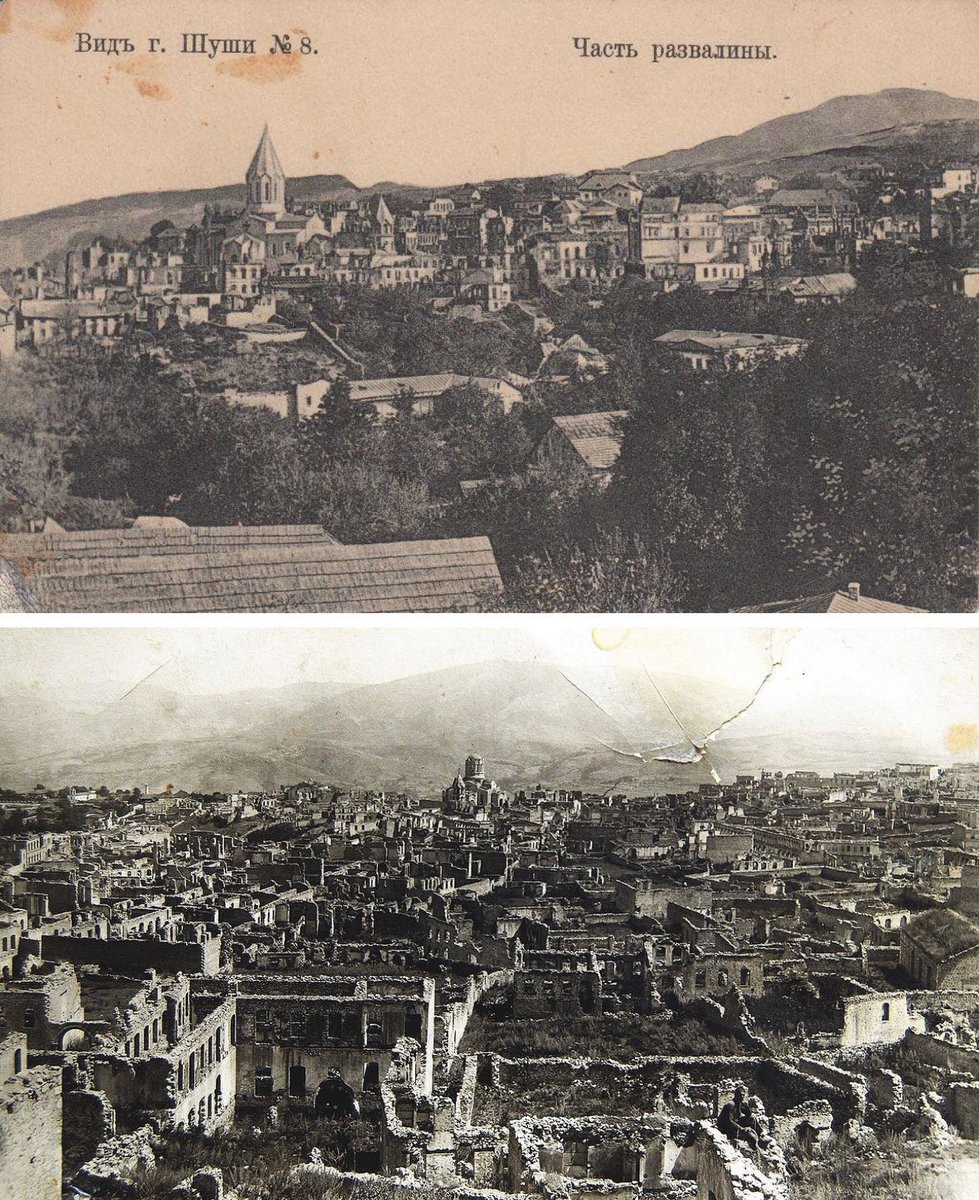 Collectif_VAN's tweet photo. Il y a 104 ans, du 22 au 26 mars 1920, les forces #azeries🇦🇿massacrent➕de 20 000 #Armeniens, majoritaires à Chouchi, capitale historique de l'Artsakh🇦🇲(Haut-Karabakh). Les quartiers #ARM🇦🇲sont incendiés. 
Ces pogroms sont la continuité du #GenocideArmenien1915
Photos avant/après https://t.co/WYnZ20tVbK