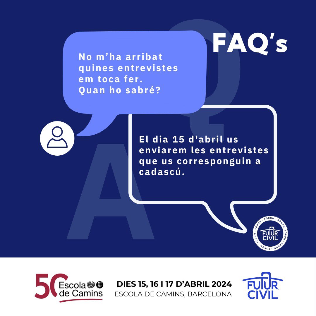 ⁉️ Segurament a molts de vosaltres encara no us a quedat del tot clar tot el que hauríeu de saber sobre el Fòrum, per això compartim algunes preguntes clau que creiem que us poden ser útils.

🗓️ A més, volem recordar-vos que ja només falten 24 dies pel Fòrum.