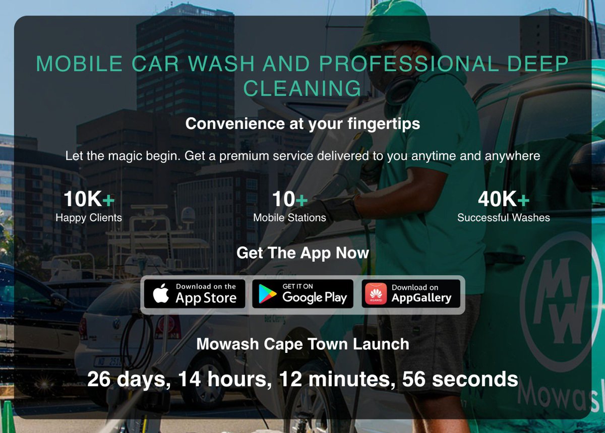 📣 We're thrilled to announce that Mowash is officially launching in Cape Town Western Cape on April 20th, 2024! 🎉 Get ready for a new level of convenience and quality in car washing, home and commercial cleaning services on your fingertips. #Convenience #Midrand #Durban #JHB