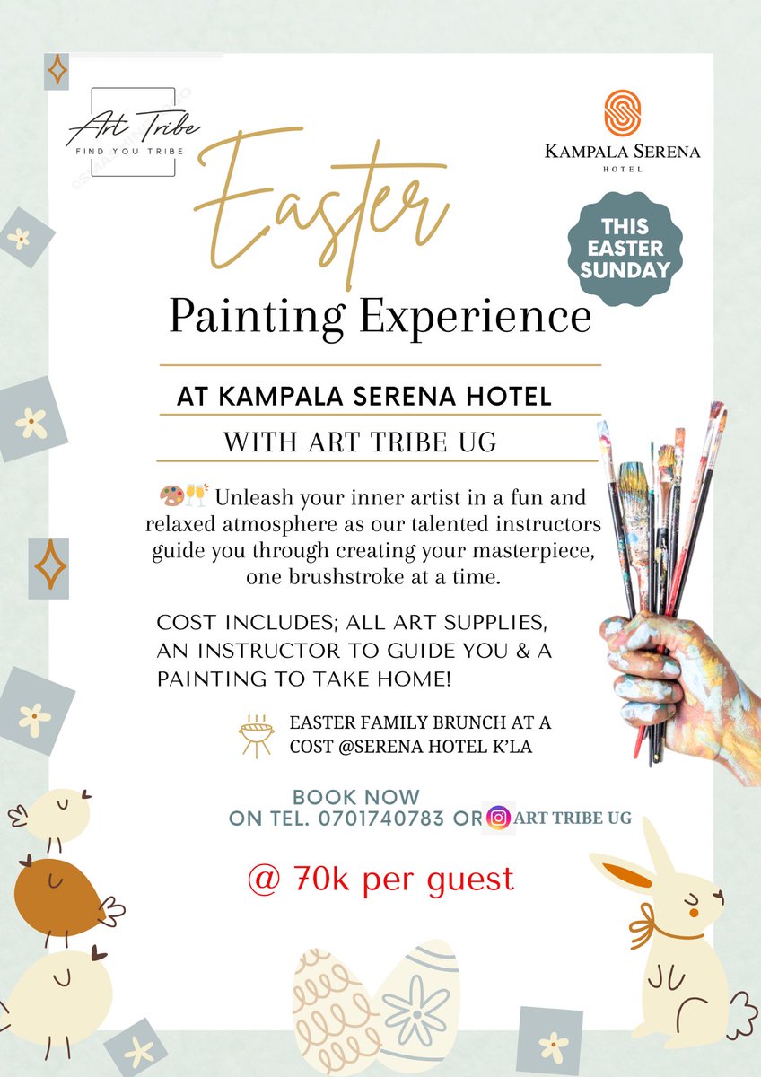 'Unleash Your Inner Artist! 🎨 Join us for a vibrant painting experience at Serena Hotel Kampala this Easter Sunday! Let your creativity flow in a fun-filled atmosphere. Reserve your spot now and get ready for a masterpiece-filled day! #PaintingAtSerena #EasterFun #manifestation