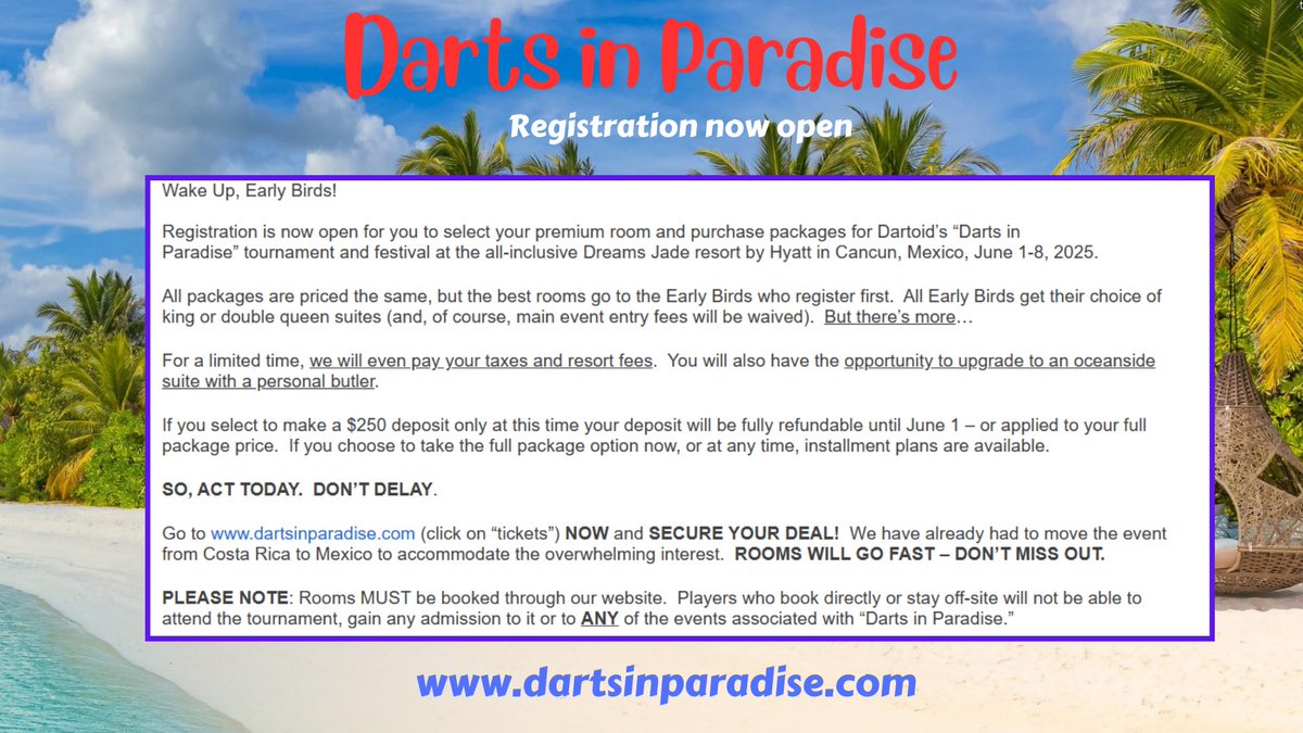 Registration now open for Darts in Paradise, take a look at everything on offer at dartsinparadise.com