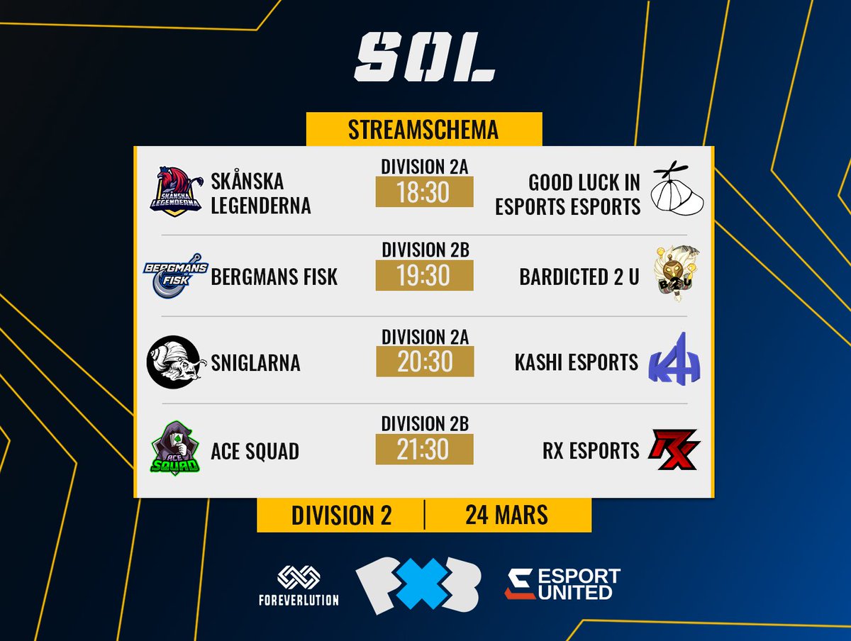 RIVALSLEAGUELOL's tweet photo. 🚨 Säsong 8 | Division 2 | Streamschema 🚨

🕕 18:30 | Div 2A
Skånska Legenderna 🆚 Good Luck in Esports Esports

🕖 19:30 | Div 2B
Bergmans fisk 🆚 Bardicted 2 U

🕗 20:30 | Div 2A
Sniglarna 🆚 Kashi Esports

🕘 21:30 | Div 2B
Ace Squad 🆚 RX Esports https://t.co/hdyal8ob6W