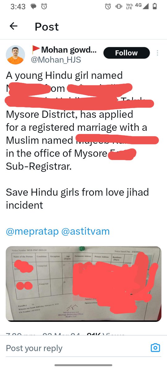 Dear @DgpKarnataka  @CPBlr  Mohan Gowda @Mohan_HJS has shared name address and photos of inter-faith couples , making them targets of violence. Its a clear offence under IPC 153(a), (b), 505(2). Pls book him asap. 

Request all to also report his account.