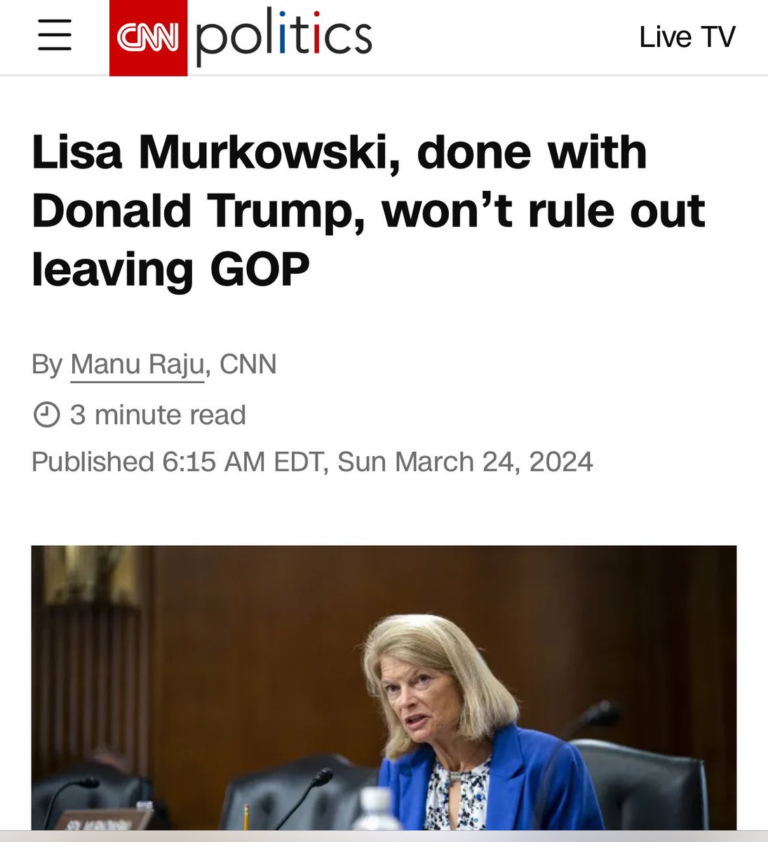 New — GOP Sen. Lisa Murkowski on Trump and her party on @InsidePolitics Sunday “I wish that as Republicans, we had a nominee I could get behind. I certainly can’t get behind Donald Trump.” Asked if she would become an independent, Murkowski said: “Oh, I think I’m very…