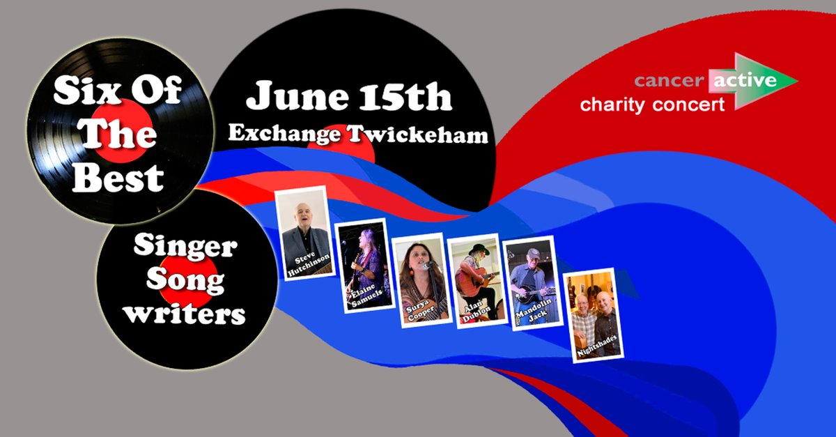 We're playing 'Six Of The Best' event @ExchangeTwick Sat 15th June + @stevehutch50 @suryakcooper @AlanDublon @mandolinjack & #Nightshades - raising funds 4 #cancer charity helping those other, more conventional organisations fail - @CANCERactive ! Tickets exchangetwickenham.co.uk/event/six-of-t…