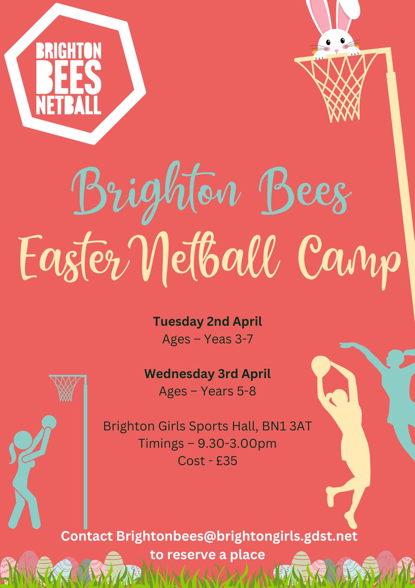 🏐 Join us for our Brighton Bees Easter Netball Camp! 🐝⁠🐰 ⁠ 📍 Location: Brighton Girls⁠ 📅 Date: 2nd and 2rd April ⏰ Time: 9.30am-15.00pm⁠ ⁠ Contact Brightonbees@brightongirls.gdst.net to book your spot. #NetballCamp #FutureNetballStars #BoldandKind #GDST