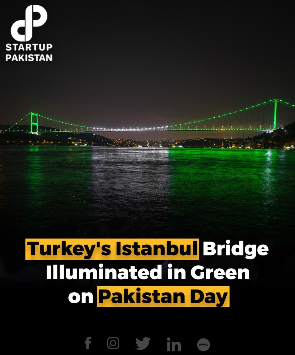 On Pakistan Day, Turkey's iconic Bosphorus Bridge was illuminated in vibrant green, symbolizing solidarity and friendship between the two nations. 

#turkey #pakistan #green #pakistanday