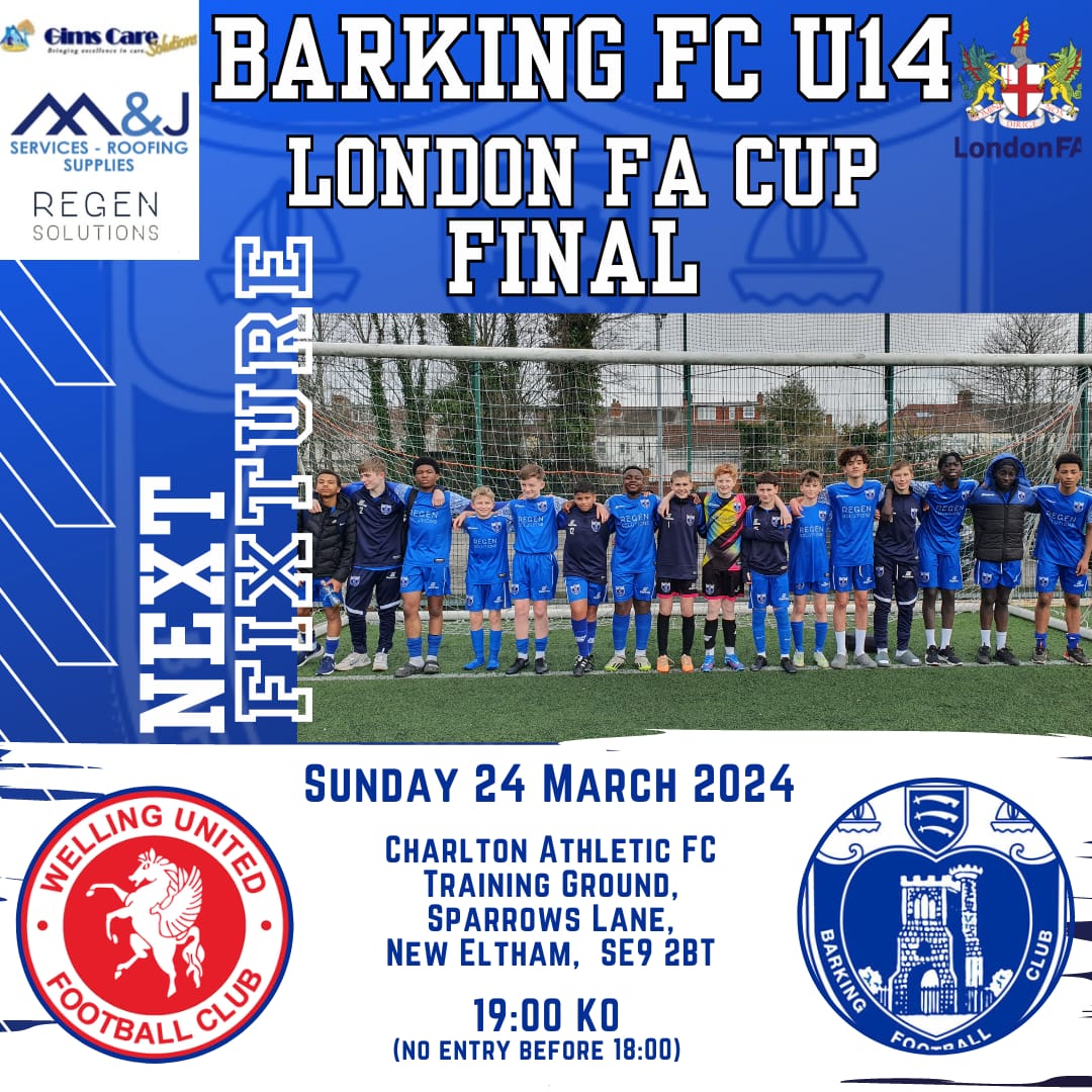 BarkingFCEJAJPL's tweet photo. It's the BIG one 

LONDON FA CUP 🏆 FINAL 

Congratulations on your fantastic achievement of reaching the finals!!

Good luck to all the boys ⚽️ 

@barkingfc 
@LondonFA 
@Teamgrassroots_ 
#letthemplay
@Regen_Solutions
https://t.co/Gx3tOkYmmV 
M&amp;J Services - Roofing Supplies https://t.co/ov9lnQLMgq