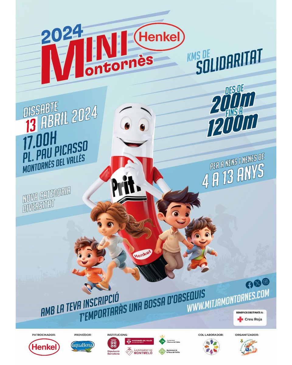 IMPORTANTE CITA EL 13 DE ABRIL 
Este año, la Mini Marató Solidària, ha creado una nueva categoría de diversidad, se trata de una modalidad adaptada para que tod@s puedan participar independientemente de su condición.
Información e inscripciones aquí mitjamontornes.com/mini-marato