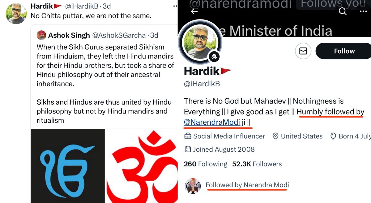 thaSikhs's tweet photo. Appalled to see hate-mongers like @iHardikB, who are part of a radical group that wants to divide Punjab and carry a racist &amp; vicious mindset with so much hatred for Sikhs, is followed by PM @narendramodi. https://t.co/lhOMZsIgJ1
