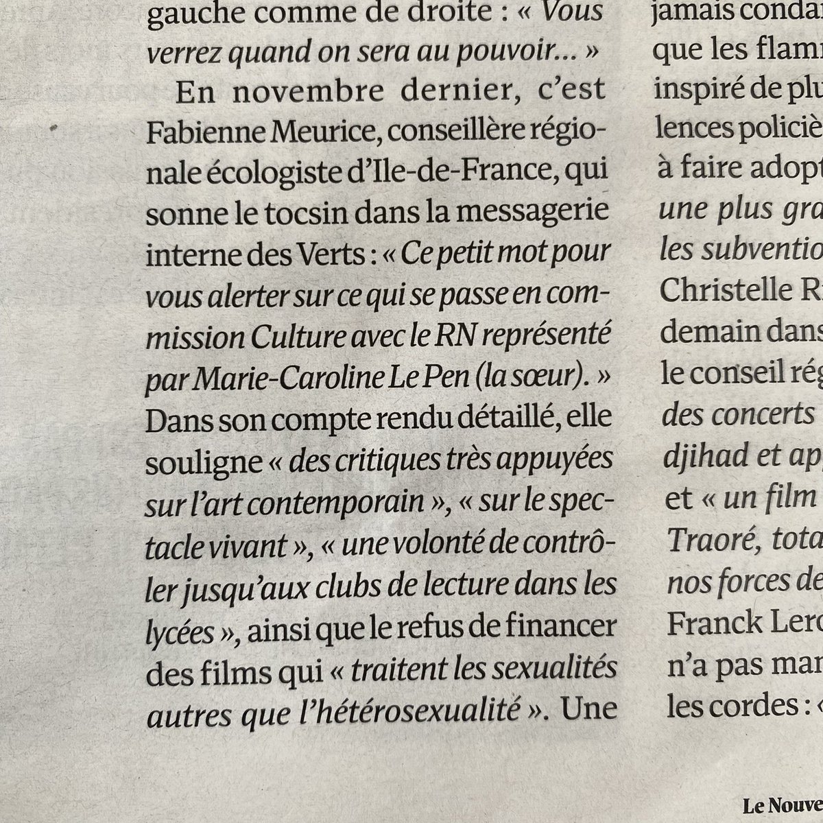 En commission Culture de la région Île-de-France, Marie-Caroline Le Pen fustige l’art contemporain, le spectacle vivant ou le cinéma, avec «'une volonté de contrôler jusqu’aux clubs de lecture dans les lycées' »… L’extrême droite ou la haine de la culture.