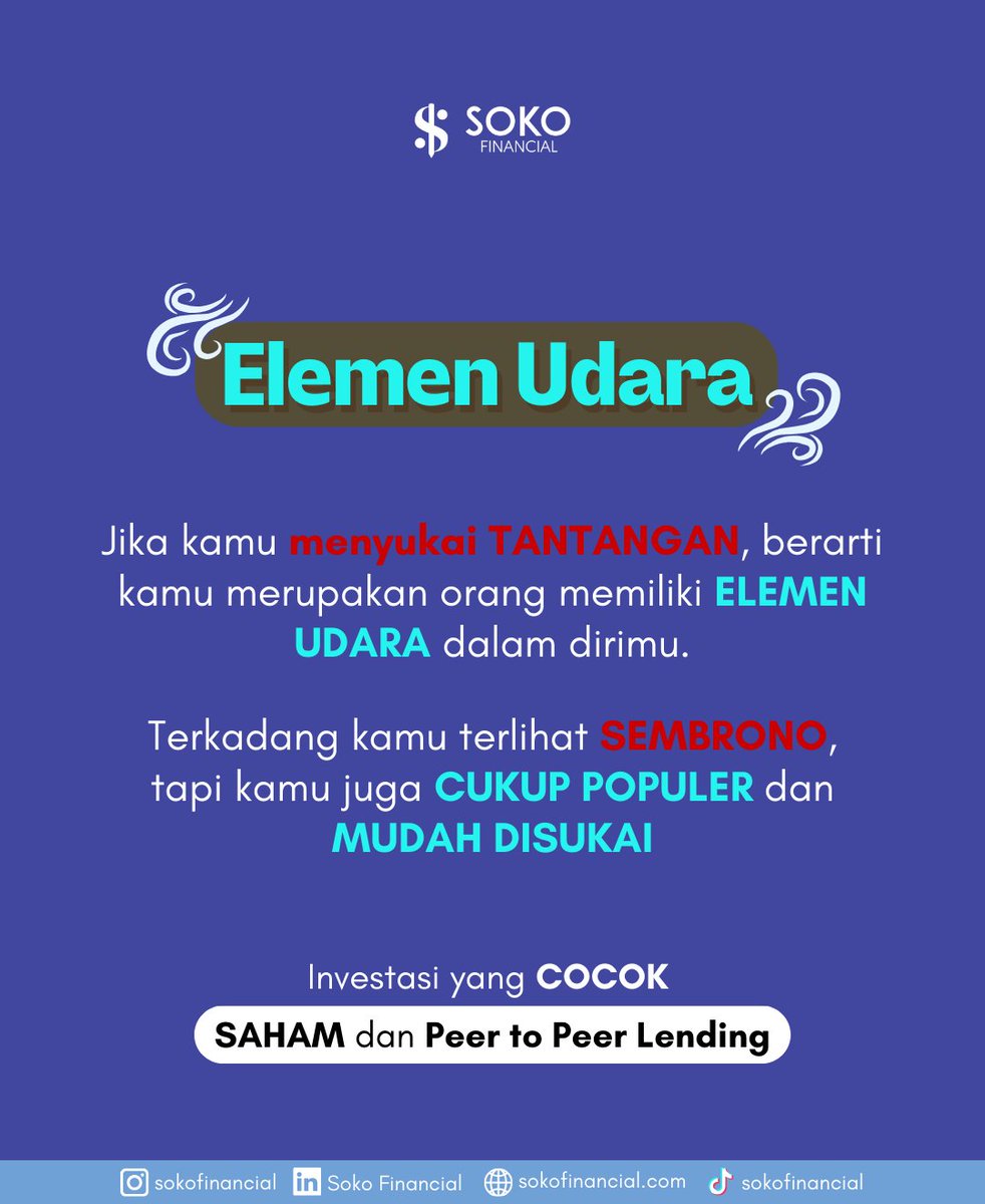 sokofinancial's tweet photo. Hai sobat soko 🙋
Kalian masih bingung mau invest dimana 😕❓
Nih mimin kasih rekomendasi berdasarkan elemen kalian, Komen dong kalian termasuk elemen apa nih ❓
#sokofinancial #investasi https://t.co/JhcwvN7cZu