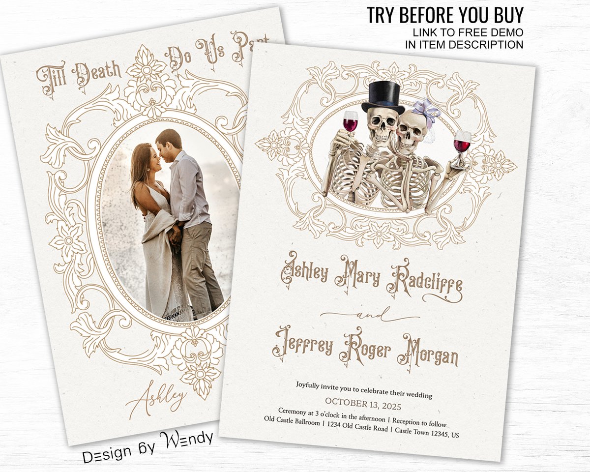 Happy Skeleton Bride and Groom Wedding Invitation Template. Halloween Wedding Invite. Wedding invitation with happy skeleton bride and groom holding wine glasses, in vintage frame. #designbywendy #Halloween #skeleton #tilldeathdouspart #gothic #invitation designbywendy2.etsy.com/listing/168647…